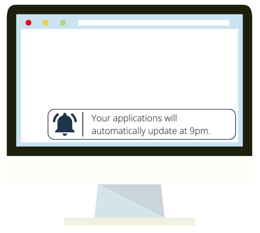 AppliSecure presentation. Notification received on a computer informing of automatic update at 9pm.